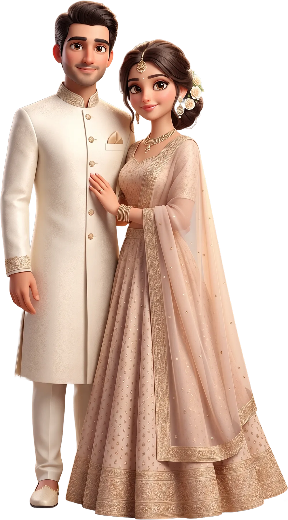3D illustration of Arjun and Sanya in ivory and champagne ceremony wear