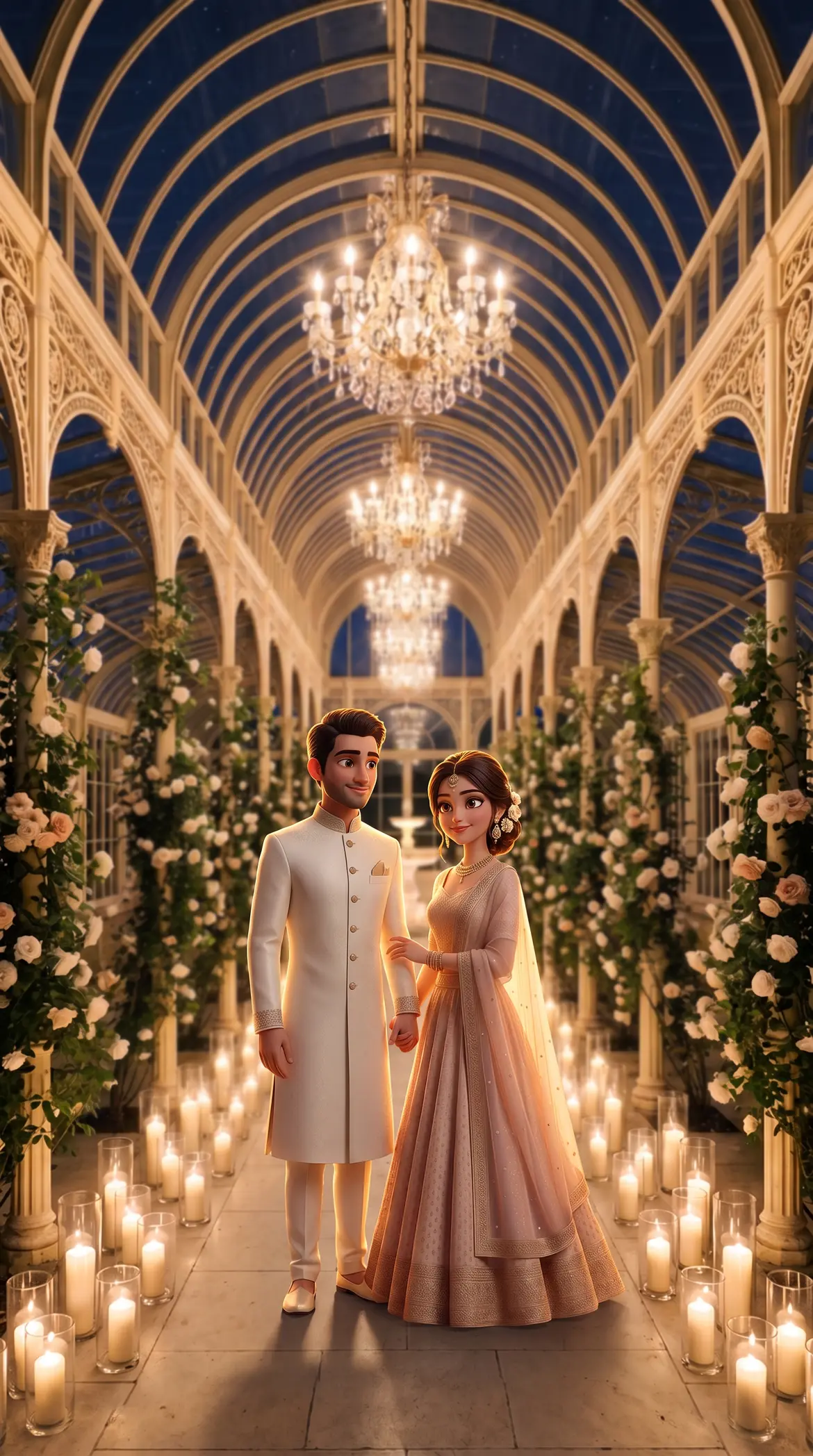 Stylized 3D Arjun and Sanya standing together in the candlelit conservatory